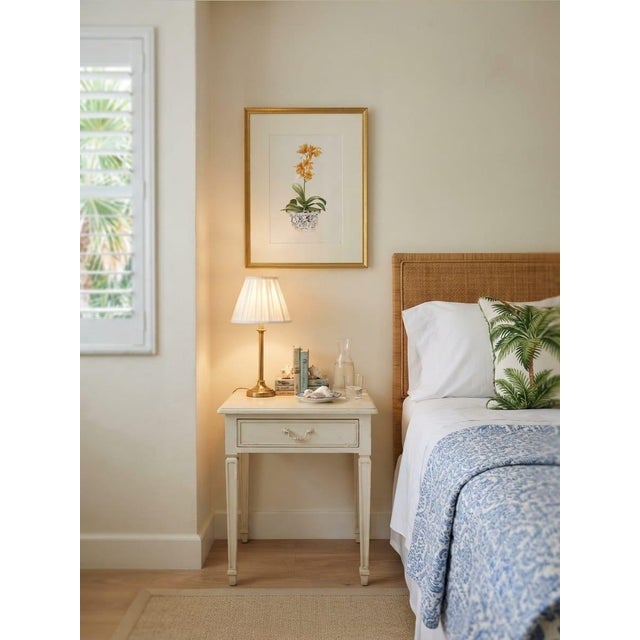 White Vintage Framed Botanical Art Print: Orange Orchid in Chinoiserie Porcelain Planter For Sale - Image 8 of 12