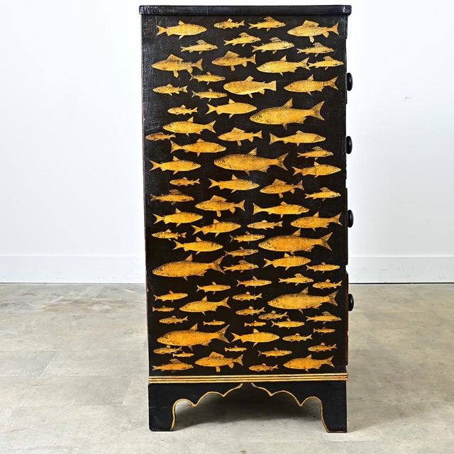 Wood Early 20th Century English Painted Chest with Fish Decoupage For Sale - Image 7 of 12