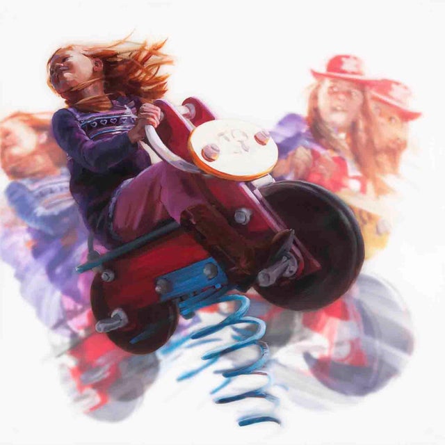 Red Rover, Red Rover by Michelle Jader | Oil on 2 acrylic panels Girl riding a toy motorcycle in motion. For Sale