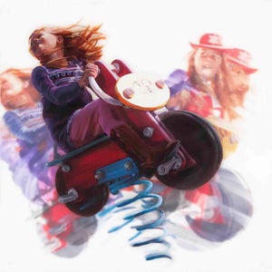 Red Rover, Red Rover by Michelle Jader | Oil on 2 acrylic panels Girl riding a toy motorcycle in motion.