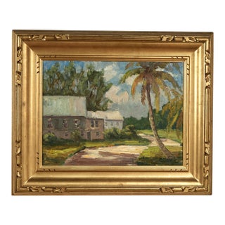 Vintage Tropical Landscape Painting With Houses by Melville F. Stark For Sale