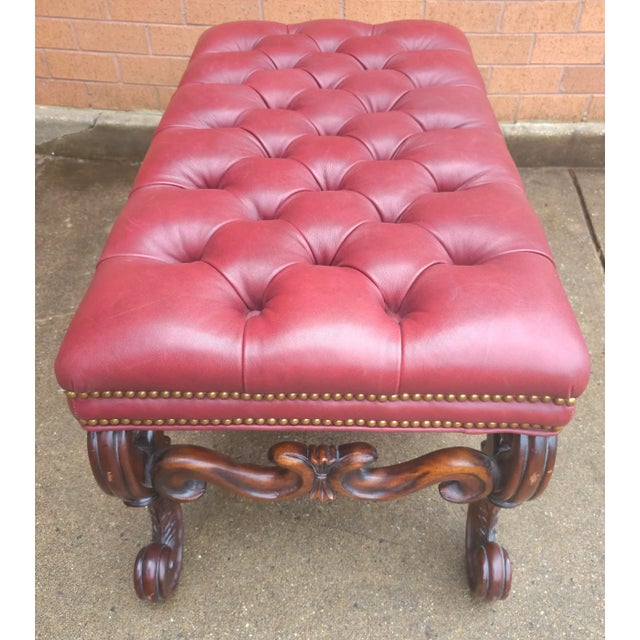2010s Whittemore-Cherrill Mahogany Brass Nail Trims & Maroon Leather Upholstered Bench Ottoman For Sale - Image 5 of 9