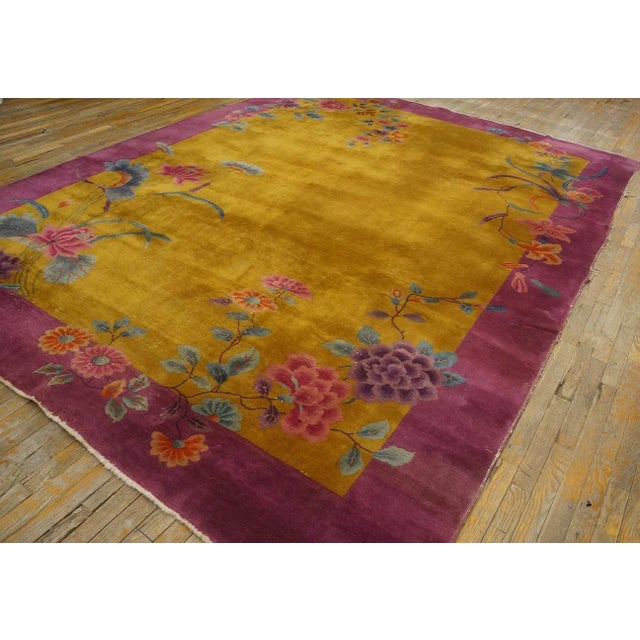 1920s Chinese Art Deco Carpet ( 8' 10'' x 11' 4'' -270 x 345 cm ) Antique Chinese – Art Deco Room Size Wool Yellow Rug,...