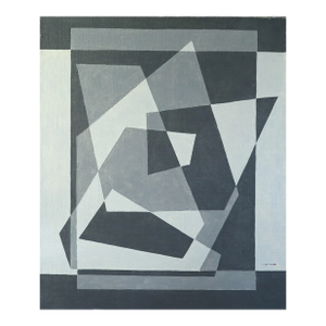 Mid-Century Modern 'Geometry in Grey' Vintage Original Abstract Oil Painting, Framed