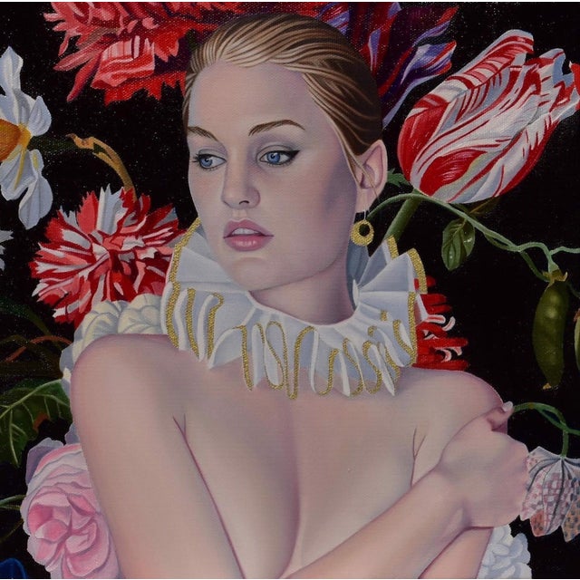 The artwork features a striking figure adorned with a dramatic ruffled collar, set against a lush backdrop of vibrant...