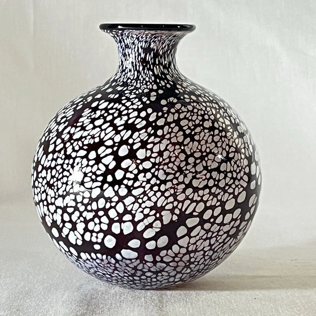 Mid-Century Modern Vintage Murano Style Dark Purple White Confetti Speckled Hand Blown Art Glass Vase For Sale - Image 3 of 6