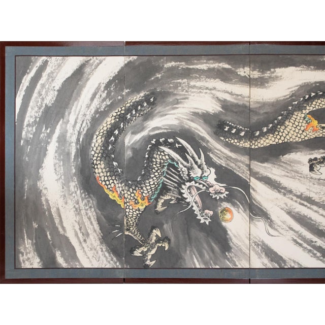 Impressive Chinese 4-panel folding painted screen "Dragon", a symbol representing prosperity, good fortune, imperial power...