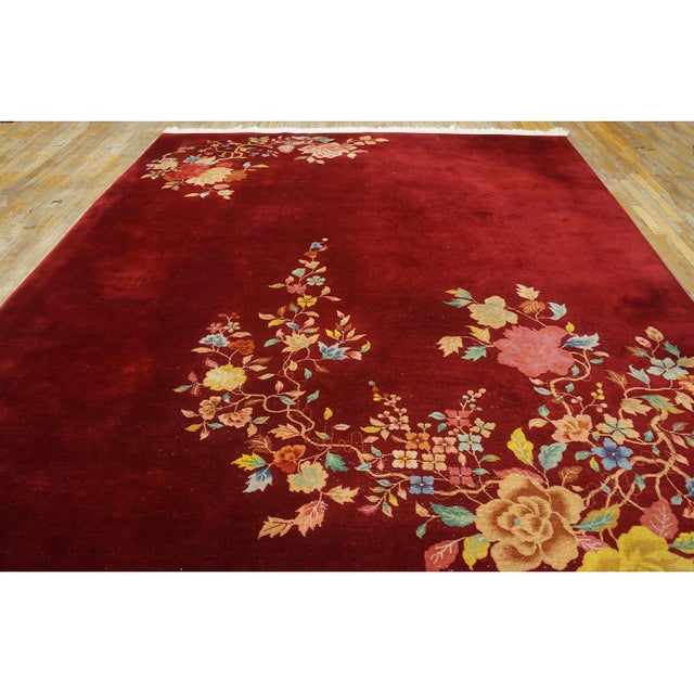 Art Deco 1930s Ruby Red Modern Floral Antique Chinese Art Deco Carpet 8'10" X 11'8" Rug For Sale - Image 3 of 9