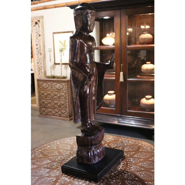 Burmese Wooden Standing Buddha Sculpture Statue. Circa Mid 19th Century.