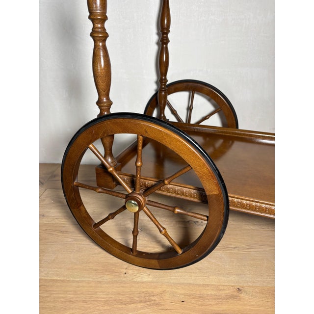 Traditional Spanish Mid-Century Wooden Bar Cart with Turned Legs and Bottle Holder For Sale - Image 3 of 12