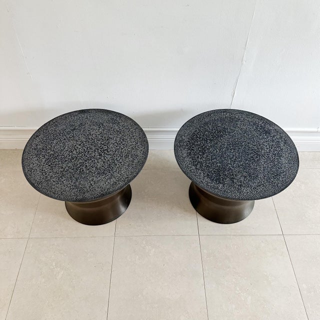 Metal Pair of Karl Springer Rain Drum Occasional Tables in Bronze With Slate Top, 1970s For Sale - Image 7 of 10