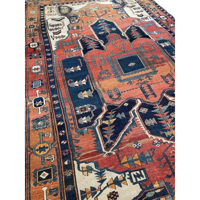 19th Century Antique Persian Serapi Diamond Textile in Terracotta, Sunset-clay & Indigo - 9.8 X 16 For Sale - Image 5 of 12