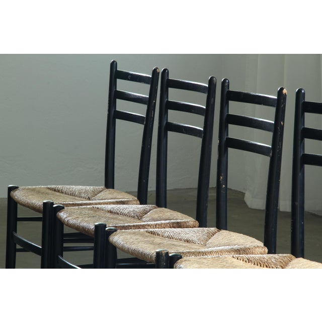 Mid-Century Modern Vintage Italian Papercord Black Dining Chairs with Woven Seat, 1950s, Set of 8 For Sale - Image 3 of 18