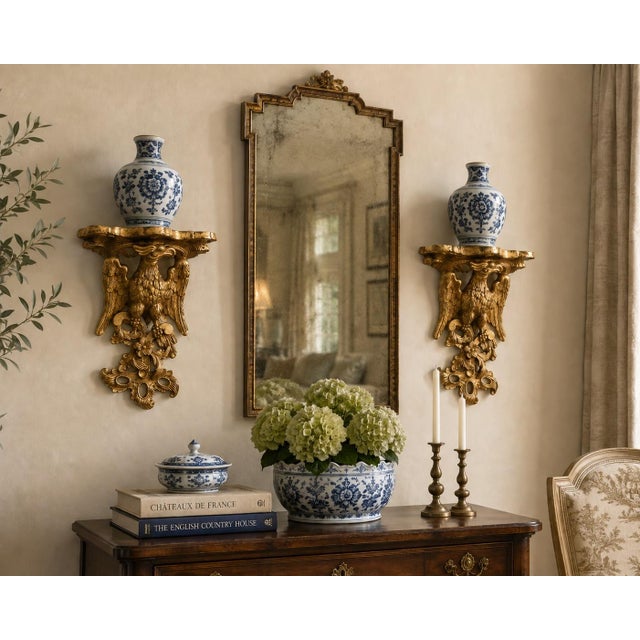 A gorgeous pair of large scale Neoclassical , Federal or Regency style gold gilt wall sconces, shelves, or brackets...