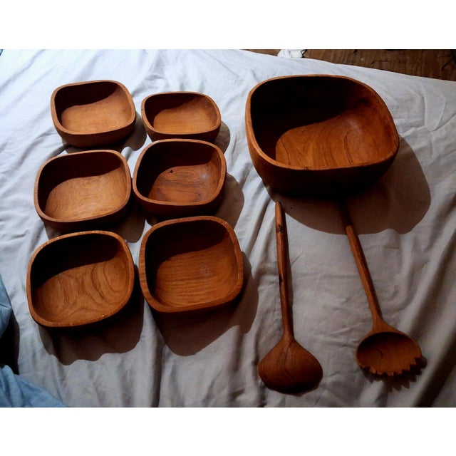 1960s Mid-Century Modern Teak Wood Salad Bowl Set - 9 pcs Hand Carved Thailand For Sale - Image 6 of 7