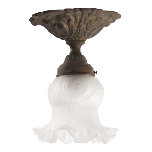 1920s Art Nouveau Ceiling Lamp in Brass and Frosted Glass For Sale - Image 5 of 5