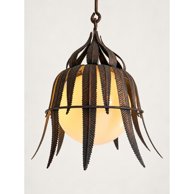 1950s Spanish Copper-Plated Iron Leaf Pendant With Opaline Glass Globe For Sale In New York - Image 6 of 12