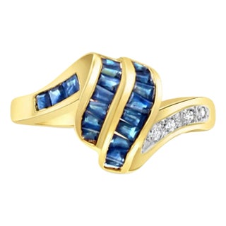 Diamond & Sapphire Baguette Ring 1.08cttw 14K Yellow Gold, Size 7 For Sale
