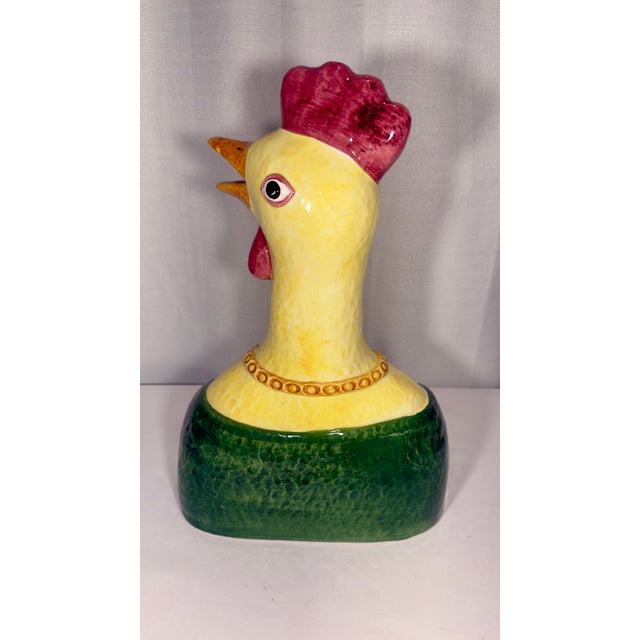Ceramic Late 20th Century Hand-Painted Italian Majolica Anthropomorphic Rooster and Hen Busts by Turtle and Crane - Palm Beach Regency Whimsy For Sale - Image 7 of 12