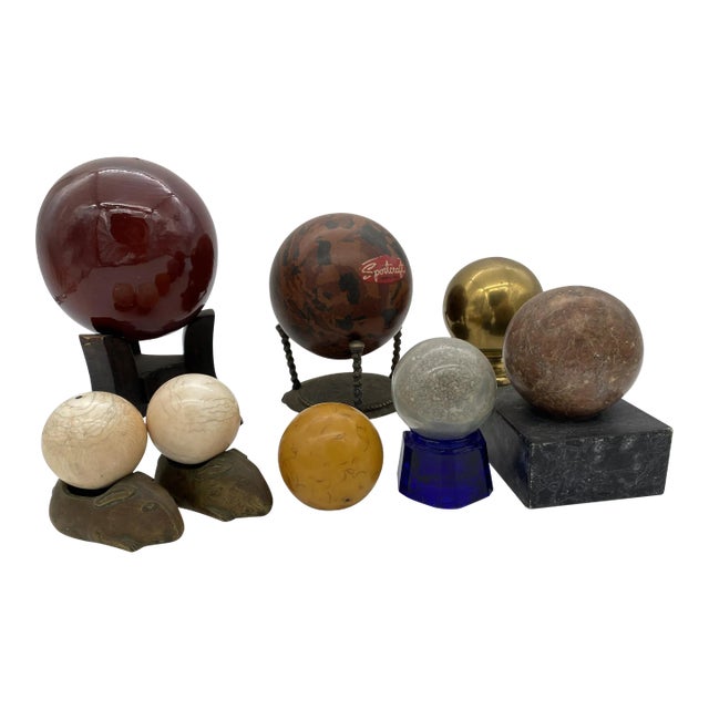 Vintage Marble, Brass, Resin, Glass Spheres With Stands Collection- 8 Pieces For Sale