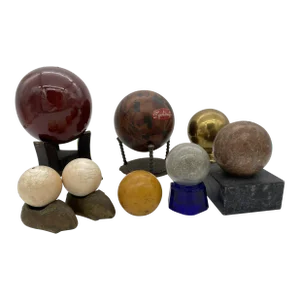 Vintage Marble, Brass, Resin, Glass Spheres With Stands Collection- 8 Pieces