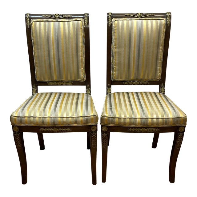 Pair of Napoleonic – Style Striped Side Chairs With Gilded Ormolu Mounts For Sale