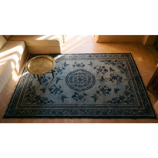 Superb Navy Blue Floral Design Accented With Light Blue, Chinese Ningxia Rug For Sale - Image 12 of 13