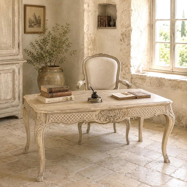 Country French Liègeois Régence Style Stripped Oak Writing Table was crafted in solid oak and stripped to reveal the pale,...