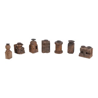 1950s Farmhouse Distressed Wood Pillar Candle Holder | Reclaimed Architectural Candlestick | Rustic Mantel Decor | Unique Housewarming Gift For Sale