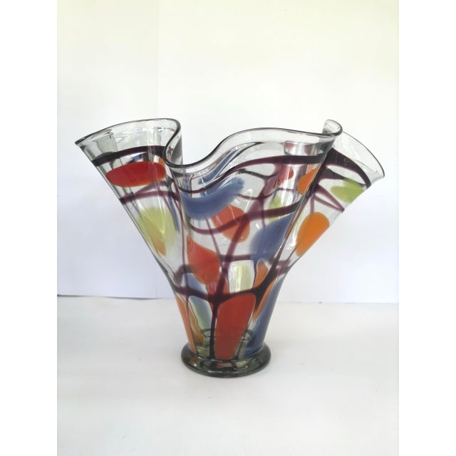 Large Contemporary Hand-Blown Art Glass Vase With Ruffled Rim, Polychrome Inclusions 10.5” For Sale - Image 4 of 7