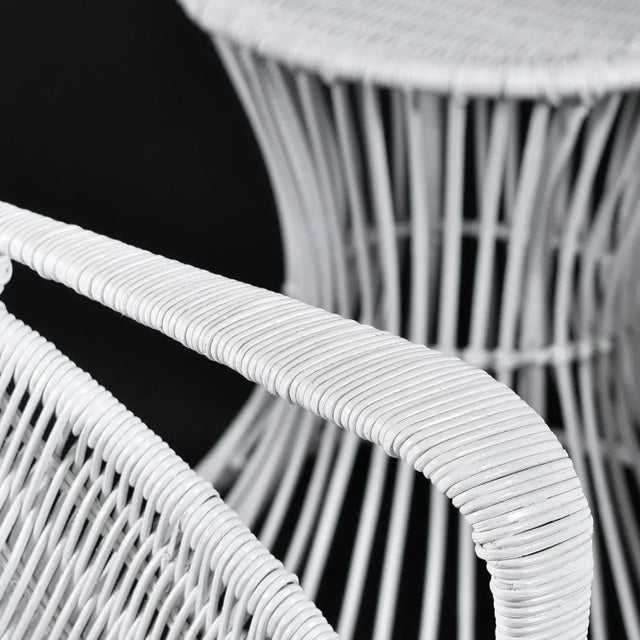 Wicker Salterini Radar Style Chairs With Pedestal Side Tables Seating Set For Sale - Image 12 of 14