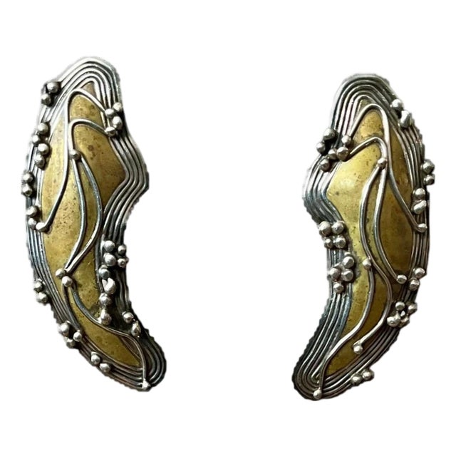 Vintage Boho Robin Schechtel Brass on Sterling Modernist Earrings For Sale