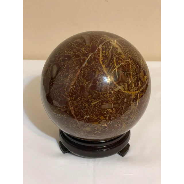 Vintage 6.5” Brown Amber Marble Ball Sphere Orb on Lacquered Wood Stand For Sale - Image 11 of 12