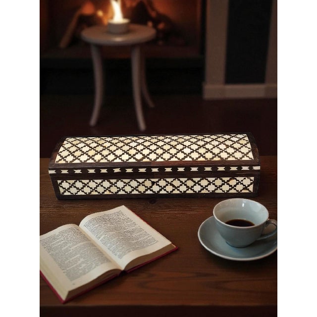 This Vintage Inlay Bone Wood Glove Trinket Jewelry Box is a handmade piece with a unique Bohemian pattern. The rectangle-...