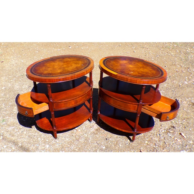 Vintage Pair Weiman Heirloom Mahogany Leather Top Oval Lamp Tables For Sale - Image 12 of 18
