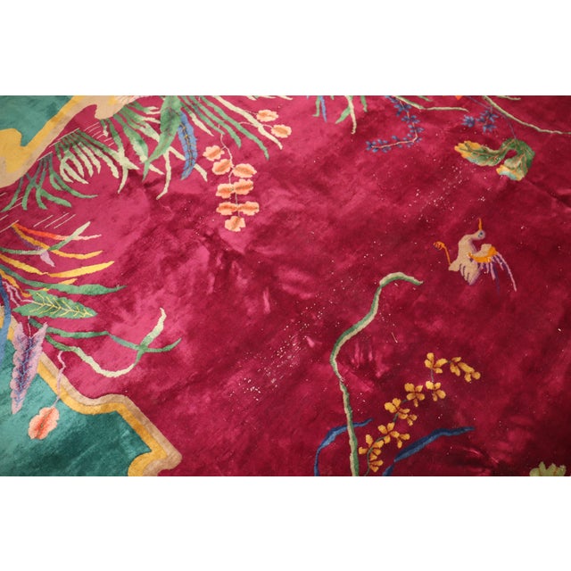 Mid 20th Century Zabihi Collection Burgundy Emerald Green Antique Chinese Art Deco Carpet For Sale - Image 5 of 10