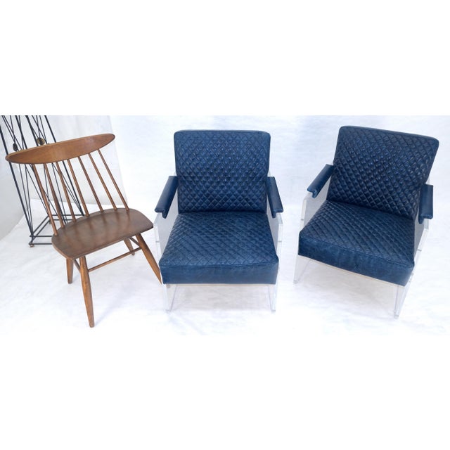 Pair of blue Quilted Leather Upholstery Seats Lucite Base Arm Lounge Club Chairs For Sale - Image 14 of 14