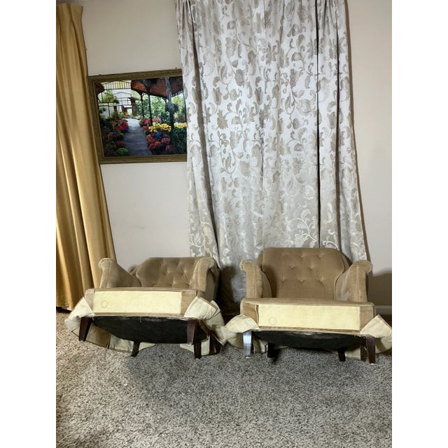 Pair of Vintage Hammary Tufted Velvet Lounge Chairs – Warm Camel Beige (Non-Swivel) For Sale - Image 12 of 12