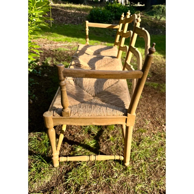 French Country Country French Settee Bench Canned Rush Seats Vintage For Sale - Image 3 of 10