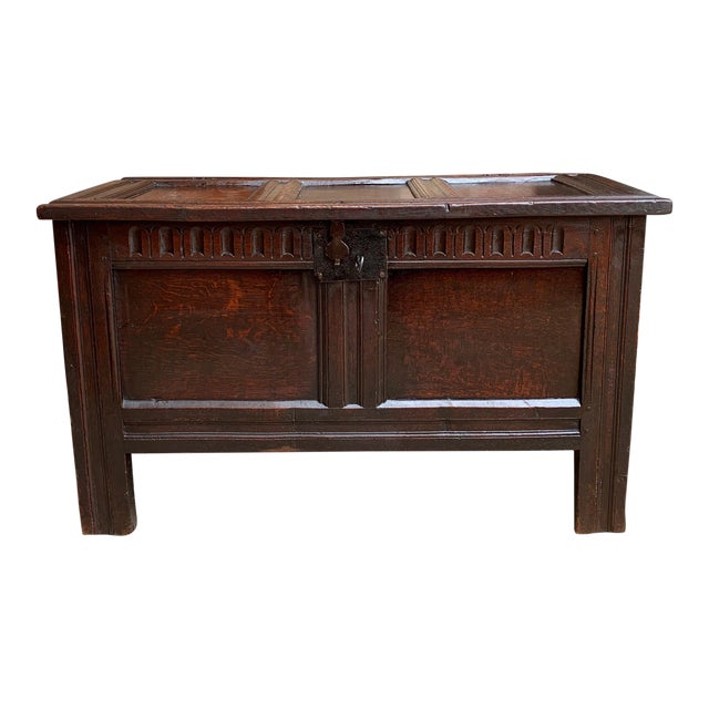 Antique English Carved Oak Coffer Trunk Chest Coffee Table Blanket Box C1770 For Sale