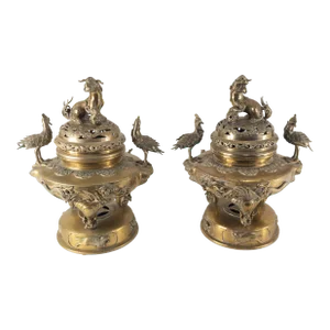 Pair of Chinese or Japanese Bronze Incense Burner Censers