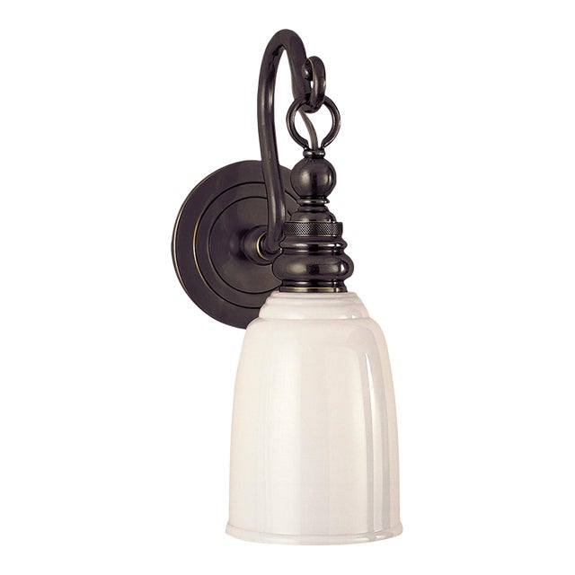 Chapman & Myers for Visual Comfort Signature Boston Loop Arm Sconce in Bronze with White Glass For Sale