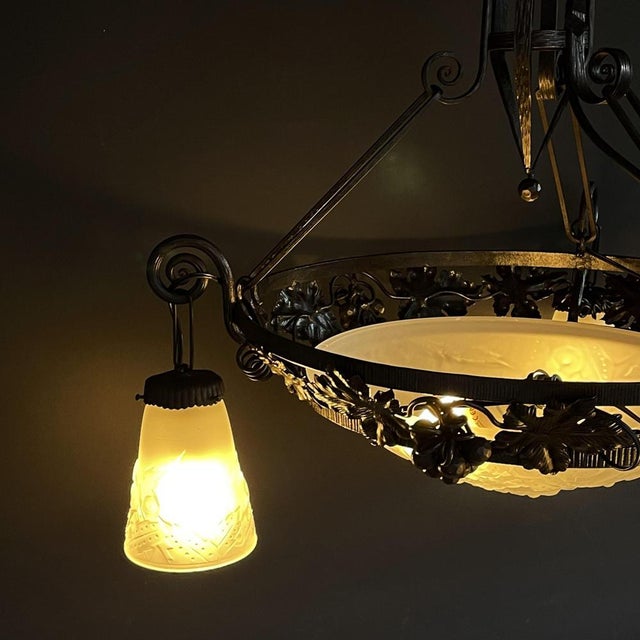 Black Art Deco Wrought Iron Ceiling Lamp from Muller Freres, Luneville, 1930s For Sale - Image 8 of 14