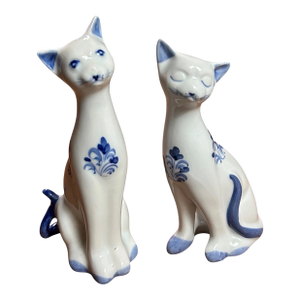 Vintage MCM Andrea by Sadek Porcelain Blue & White Siamese Cat Figurines- Set of 2