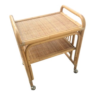 1970s Boho Chic Bamboo Rattan Two Tier Rolling Drinks Bar Cart For Sale