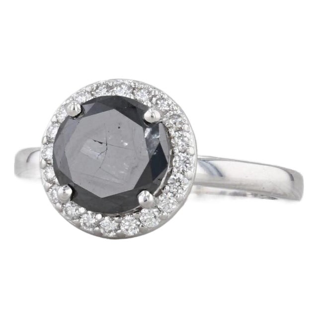 1.77ctw Black White Diamond Halo Ring 14k White Gold Size 8.25 Engagement For Sale