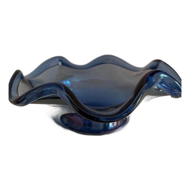 Vintage Cobalt Blue Murano Style Clam Shell Style Bowl For Sale