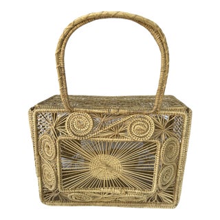 1970s Handmade Boho Vintage Rattan Purse Bag With Handle For Sale