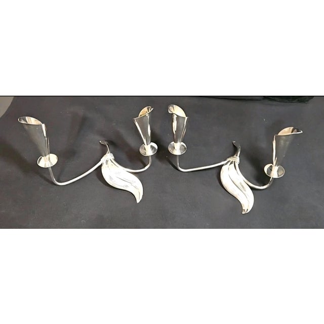 1960s VTG Hans Jensen Silverplate Calla Lily Taper Candle Holders Denmark For Sale - Image 5 of 11