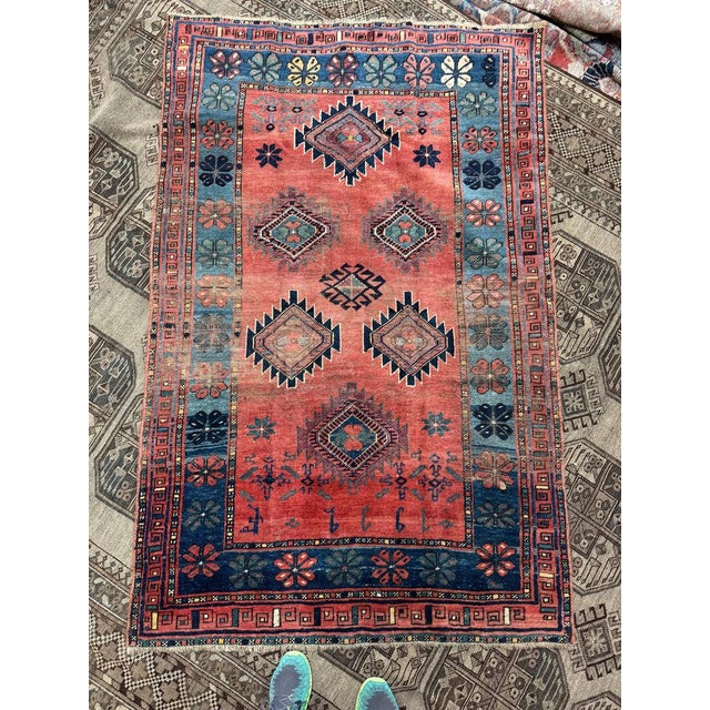 Persian Antique C. 1939 Caucasian Kazak Rusty Watermelon, Glacier Blue Rug 4.2 x 6.6 For Sale - Image 3 of 9